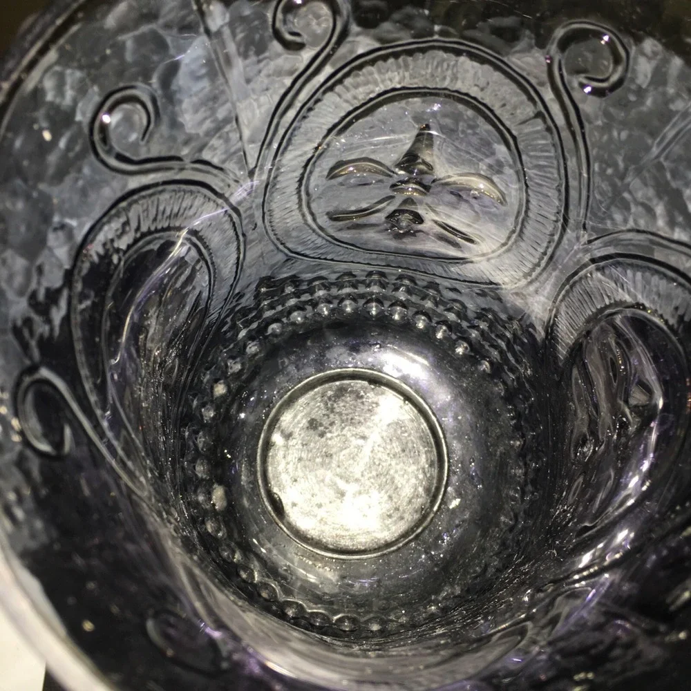 Vtg  Fleur De Lis Metal and Smokey Blue Iridescent Glass GothicCandle Holders